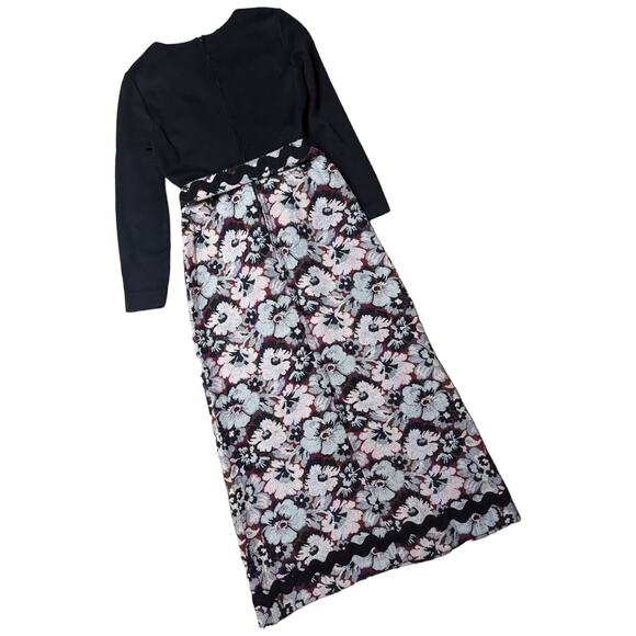 Vtg 1960s Plu Black Knit Pastel Floral Tapestry Long Sleeve Belted Maxi Dress 10 - Picture 2 of 6